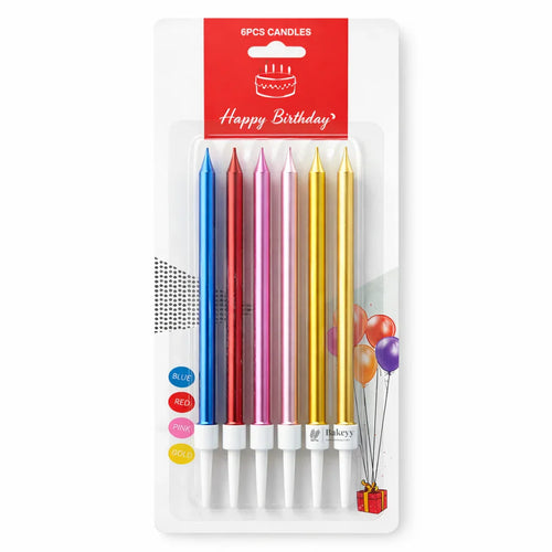 Bakeyy metallic straight birthday cake candles in blue, red, pink, and gold, 6-pack with holders