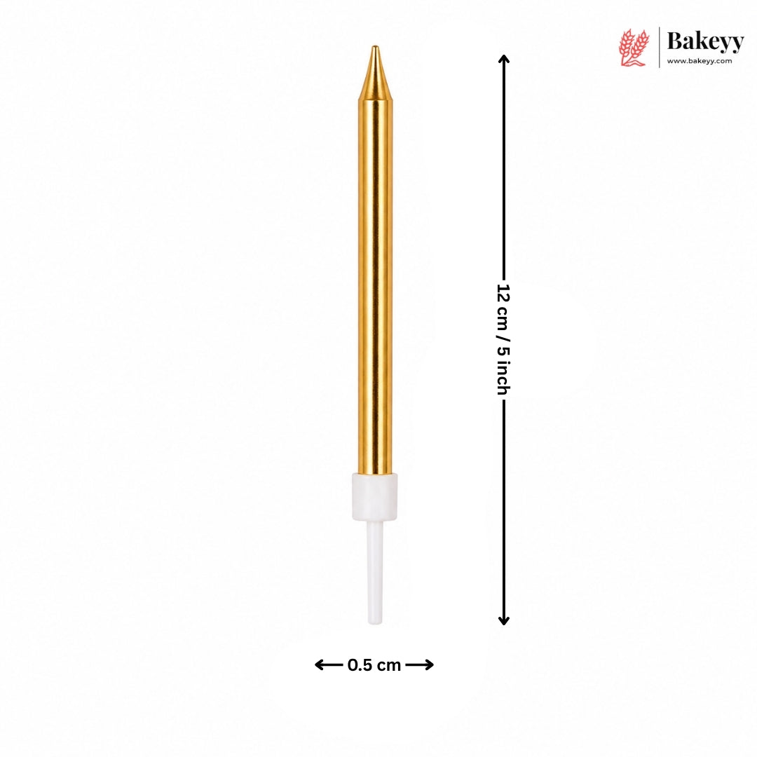 Gold and white cake decorating tip with measurements on a white background, featuring the Bakey brand.