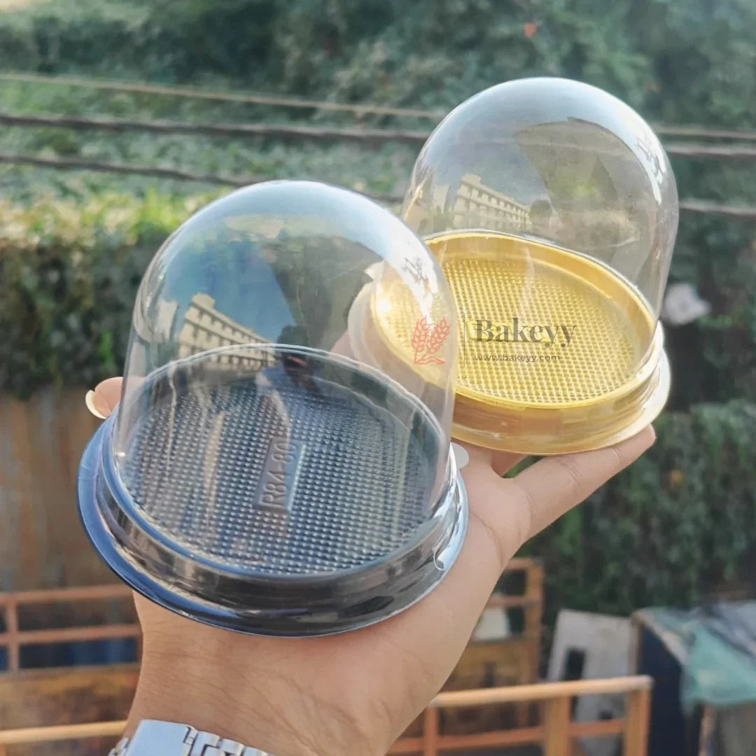 Mini Cake Dome Box with Clear Lid and Base | Individual Cake Packaging Black & Gold Base | Pack of 50