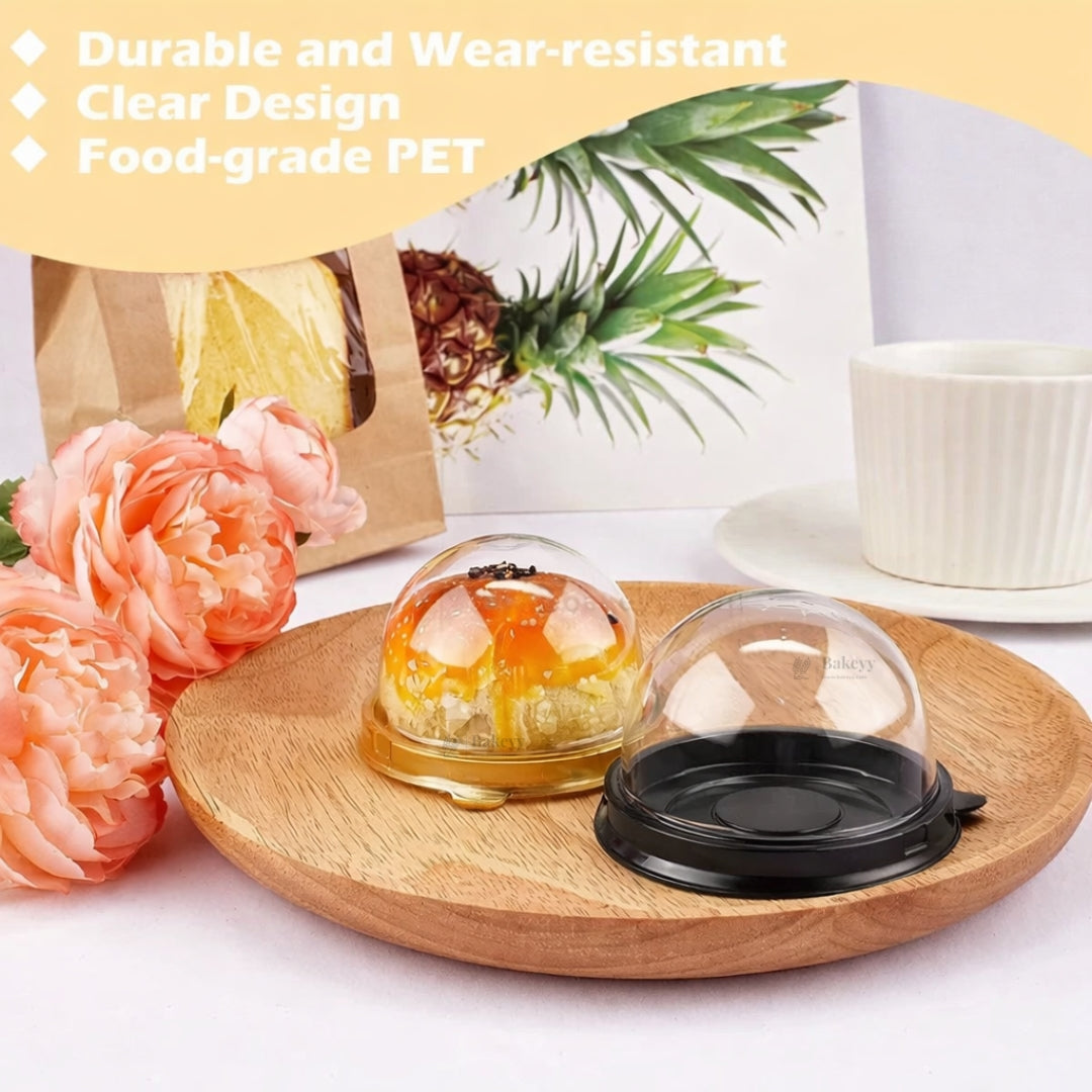 Mini Dome Cupcake & Pastry Container | Gold & Black Base | Clear Dome Lid | Pack of 50