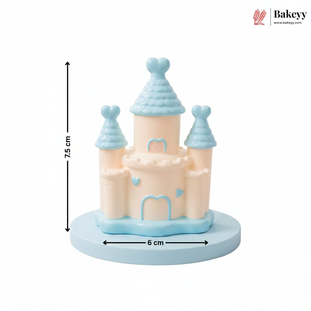 Pink castle-shaped cake with dimensions and Bakeyy branding