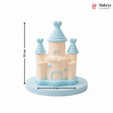 Pink castle-shaped cake with dimensions and Bakeyy branding
