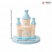 Pink castle-shaped cake with dimensions and Bakeyy branding