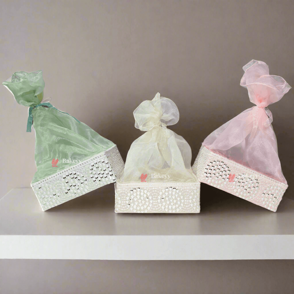 Crystal Mesh Hamper Gift Set | Mint, Ivory, and Pink | Elegant Square Gifting Tray - Bakeyy.com - India - Crystal Mesh Hamper Gift Set | Mint, Ivory, and Pink | Elegant Square Gifting Tray - Mint Green / Small - 8 Inch