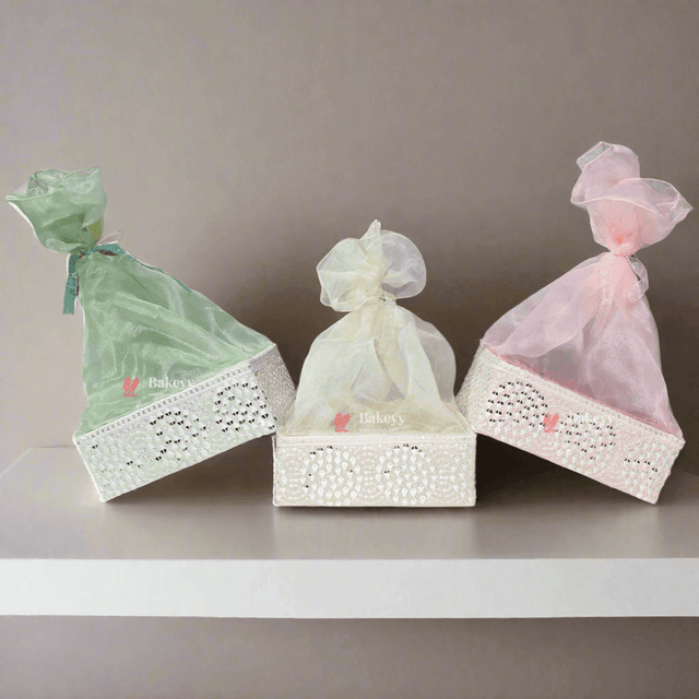 Crystal Mesh Hamper Gift Set | Mint, Ivory, and Pink | Elegant Square Gifting Tray - Bakeyy.com - India - Crystal Mesh Hamper Gift Set | Mint, Ivory, and Pink | Elegant Square Gifting Tray - Mint Green / Small - 8 Inch