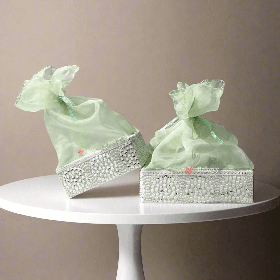 Crystal Mesh Hamper Gift Set | Mint, Ivory, and Pink | Elegant Square Gifting Tray - Bakeyy.com - India - Crystal Mesh Hamper Gift Set | Mint, Ivory, and Pink | Elegant Square Gifting Tray - Mint Green / Small - 8 Inch