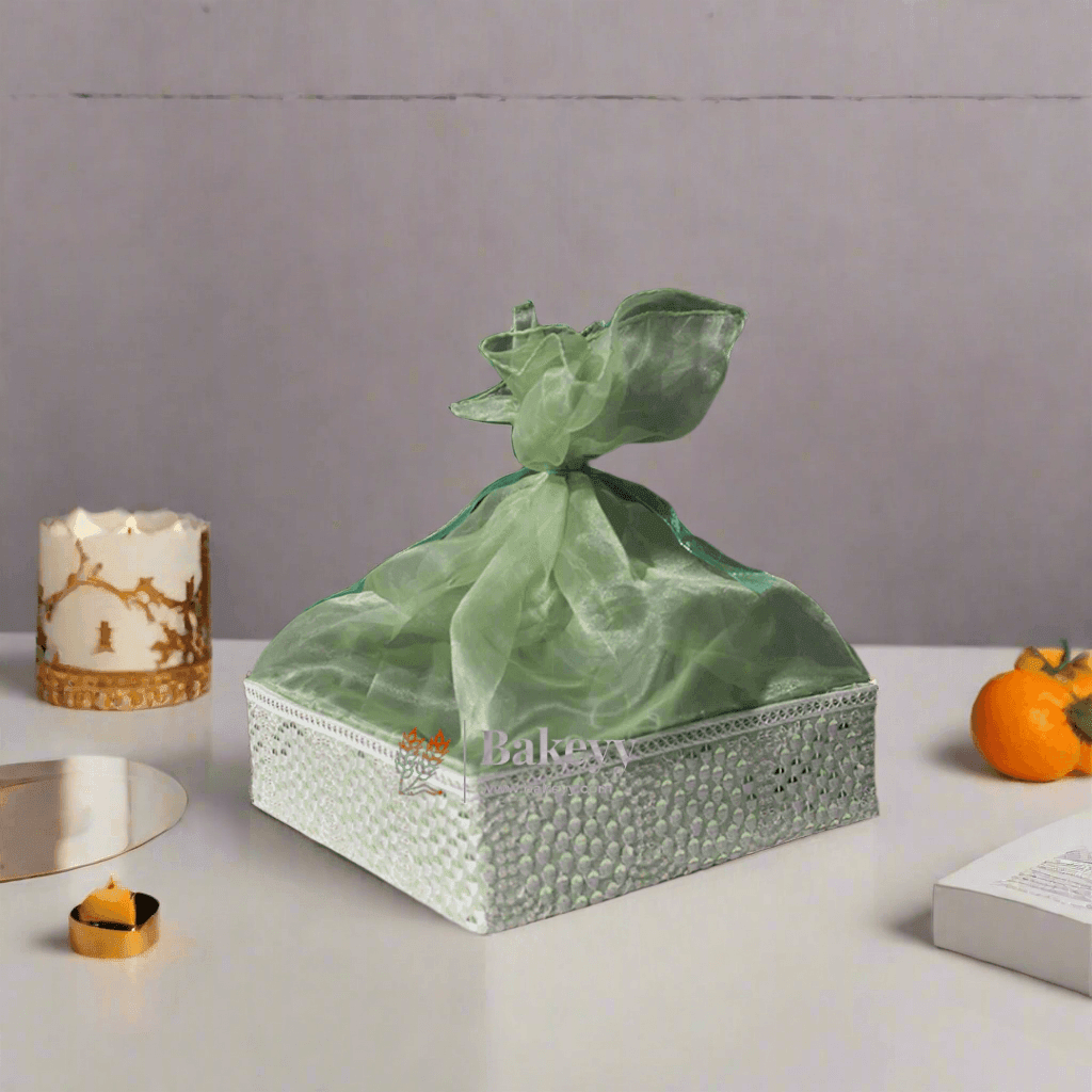Crystal Mesh Hamper Gift Set | Mint, Ivory, and Pink | Elegant Square Gifting Tray - Bakeyy.com - India - Crystal Mesh Hamper Gift Set | Mint, Ivory, and Pink | Elegant Square Gifting Tray - Mint Green / Small - 8 Inch