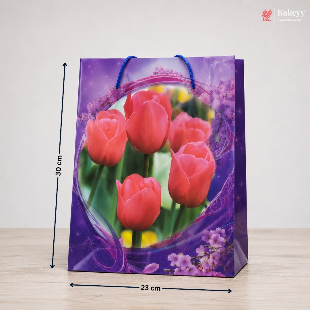 Gift bag with tulip design and measurements on a wooden surface