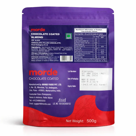 Morde Chocolate Coated Almonds | Crunchy Almonds Covered in Chocolate | 500g Weight | Pack of 1
