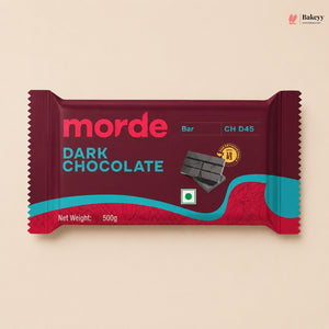Dark chocolate bar packaging with 'morde' branding on a beige background