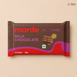 Chocolate bar packaging with 'morde' branding on a beige background