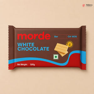 White chocolate bar packaging with 'orde' branding on a beige background