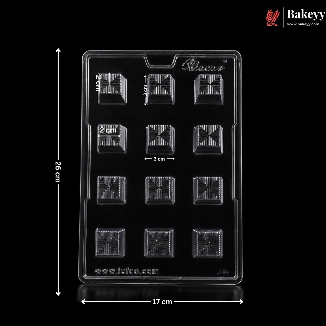 Mould -044 | 12 Cavity Square Chocolate Mould with Geometric Line Pattern | Pack of 1