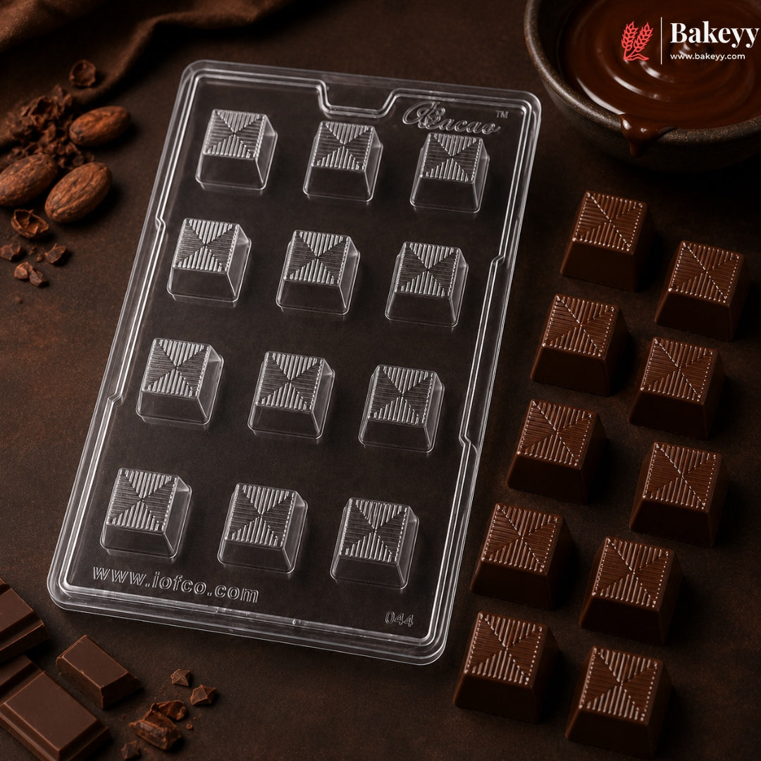 Mould -044 | 12 Cavity Square Chocolate Mould with Geometric Line Pattern | Pack of 1