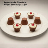 Dome cylinder chocolate mould candies on a white plate, topped with cream and red cherry, Bakeyy baking supplies.