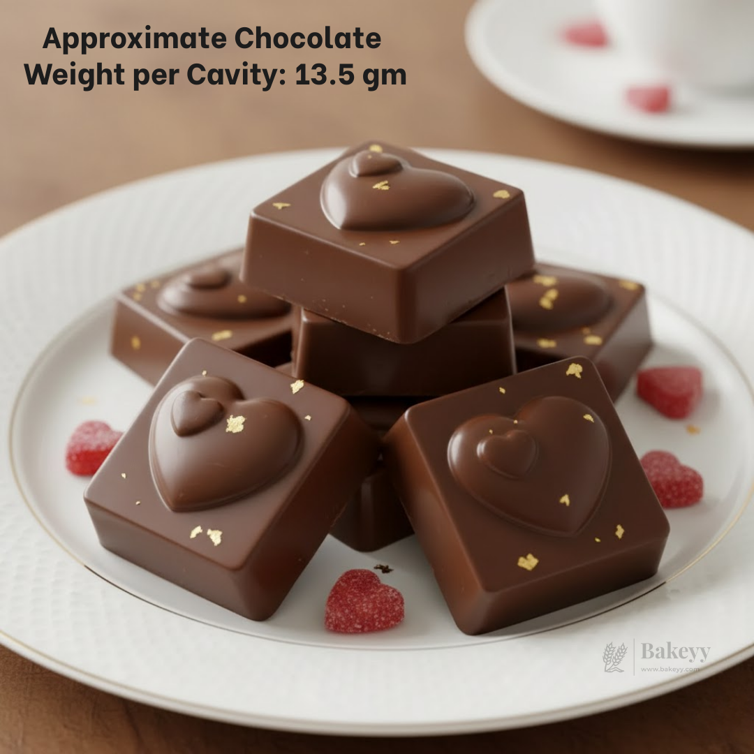 Mould 363 | Heart Filled Chocolate Mould | Square Chocolate with Heart Top | Food-Grade Plastic Chocolate Mould | Pack of 1