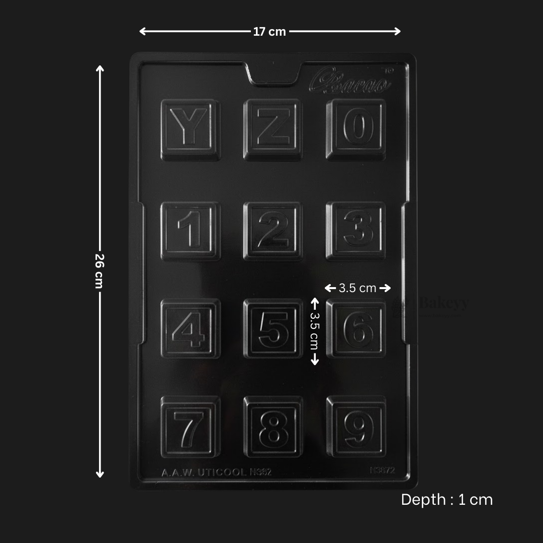 Mould 398 | Alphabet & Number Chocolate Mould | Square Letter and Digit Chocolate Tray | Food-Grade Plastic Chocolate Mould  | Pack of 1
