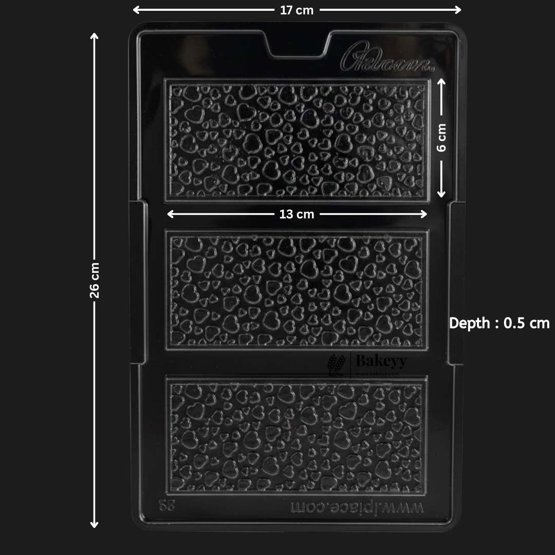 Mould 571 | Mini Heart textured Rectangular Chocolate Bar Mould – 3 Cavities | Baking Accessories | Party Favor Mould | Pack of 1
