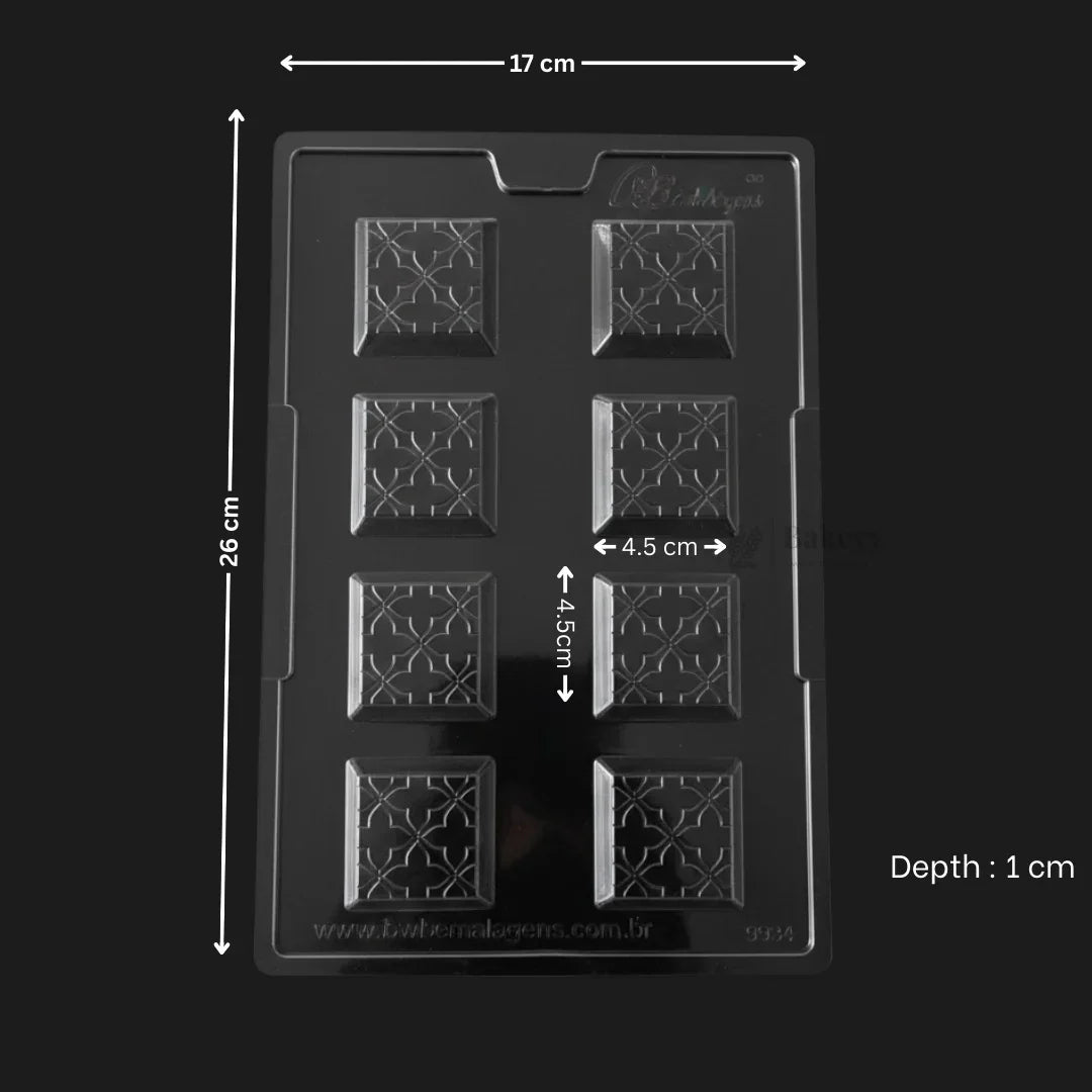 Plastic chocolate mould tray for mini bites, 9 square cavities, 17x26 cm, Bakeyy baking accessory