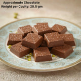 Square patterned Dubai Kunafa mini bite chocolates on a decorative plate, Bakeyy baking supplies