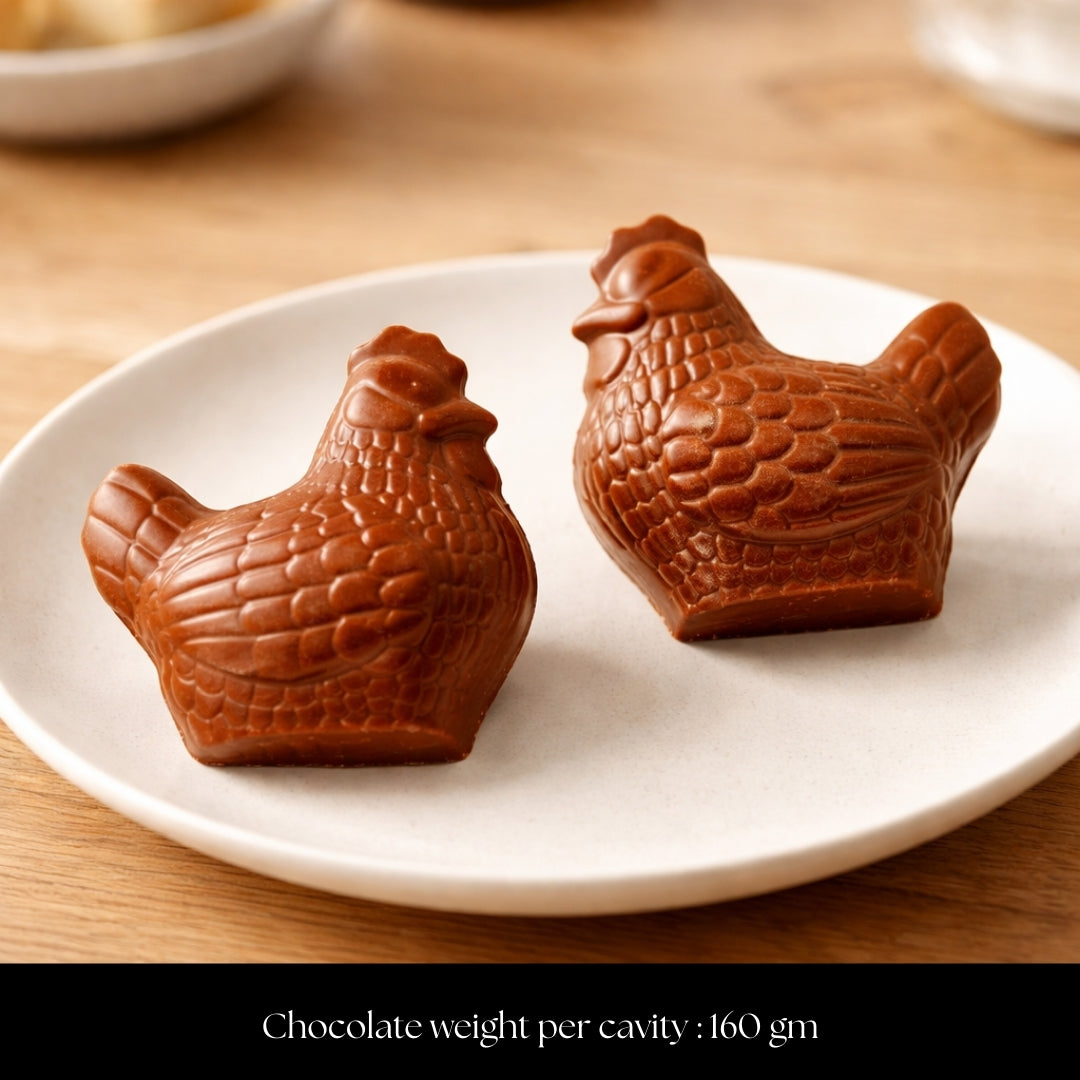  Large cavity size for premium chocolates
• Deep mould for thick, sturdy chocolate shells
• High clarity plastic for easy monitoring
• Detailed feather texture for realistic finish
• Smooth inner surface for glossy chocolate
• Easy demoulding when tempered correctly
• Suitable for compound and couverture chocolate