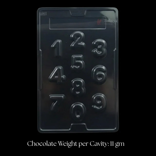 Number shape chocolate mould tray with 10 cavities from Bakeyy, ideal for baking supplies.