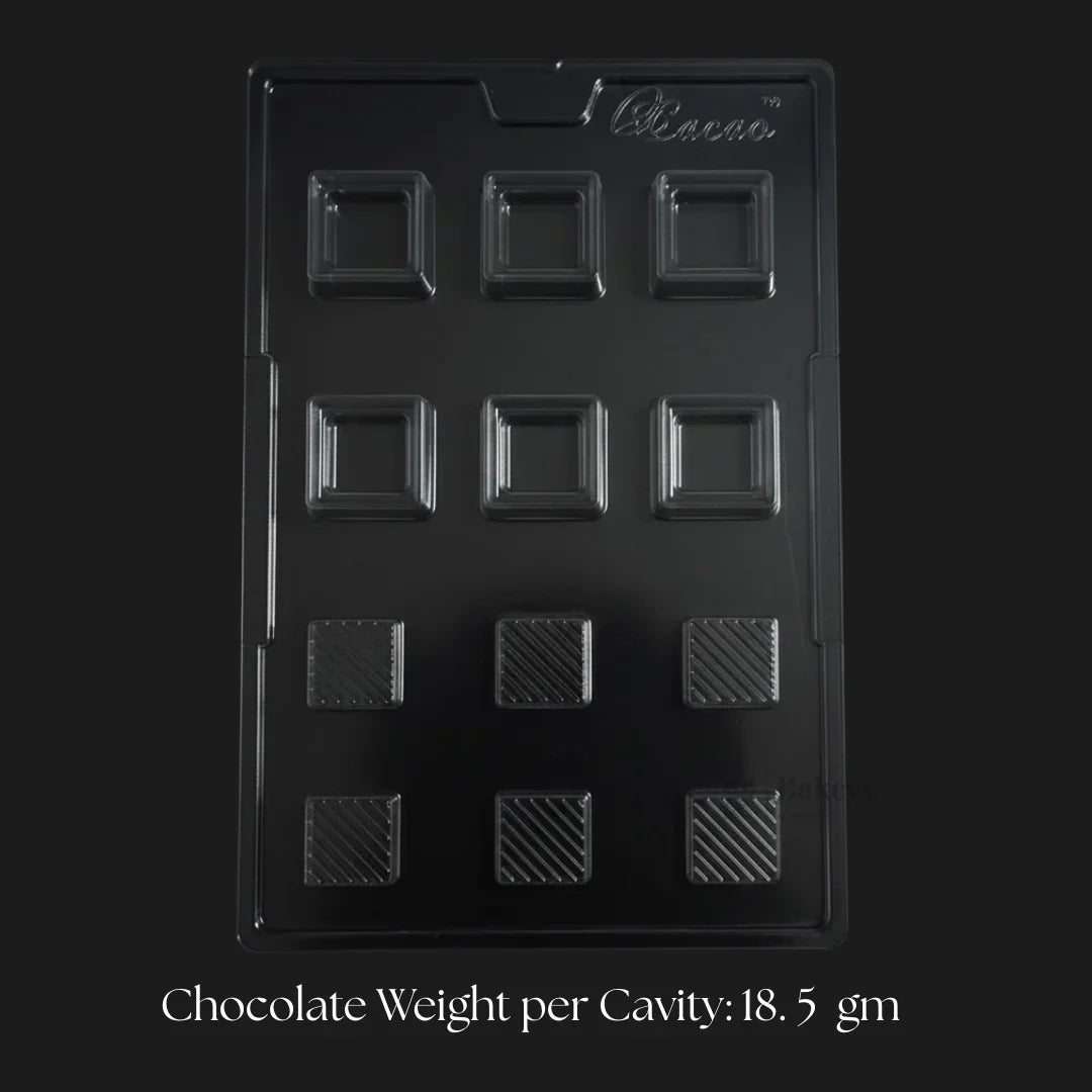 Square centre filling chocolate mould tray with 12 cavities for baking, Bakeyy.com