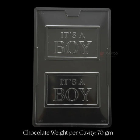 Bakeyy.com plastic chocolate mould tray with two cavities, embossed 'IT'S A BOY' design, ideal for baby shower treats.