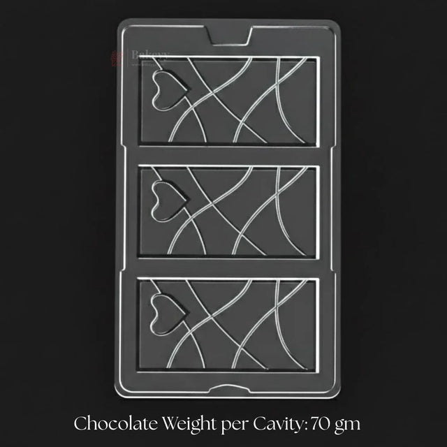 Heartline Elegance Bar chocolate mould tray with 3 cavities, heart and swirl design, Bakeyy baking supplies.