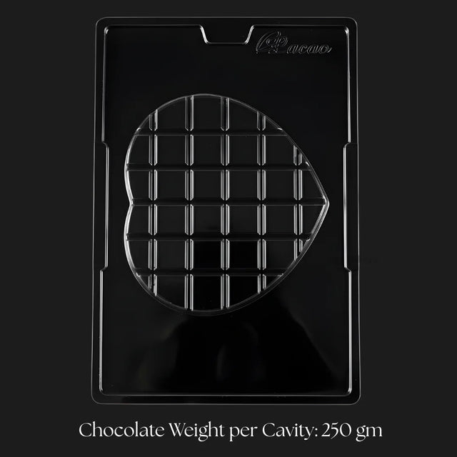 Clear plastic heart-shaped chocolate mould tray from Bakeyy, single cavity, 250g capacity