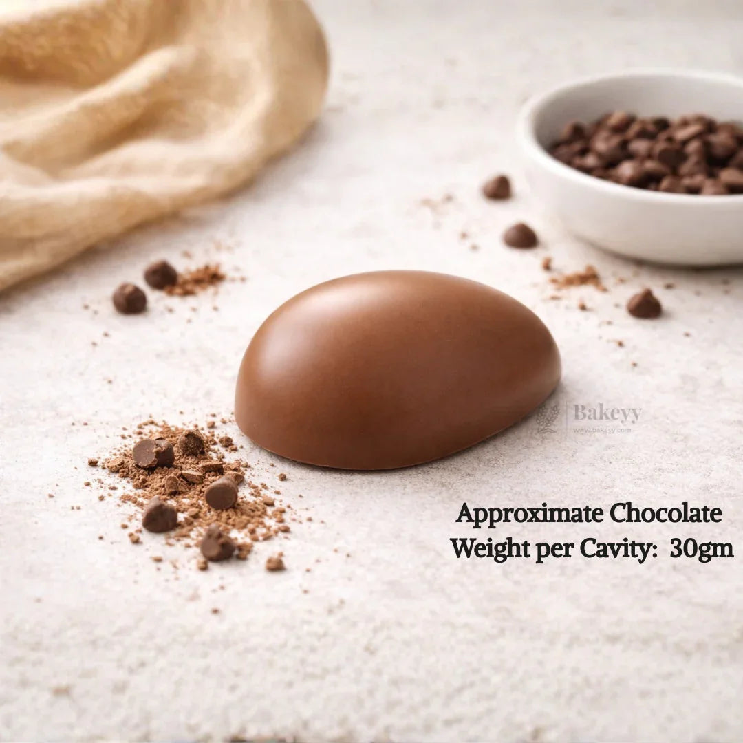 Smooth Easter egg chocolate on white background with cocoa powder and chocolate chips, Bakeyy baking supplies