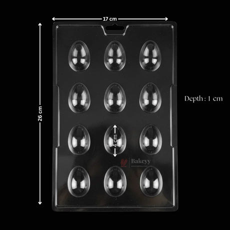 Clear plastic smooth Easter egg chocolate mould tray with 12 cavities, 26x17x1 cm, Bakeyy.com