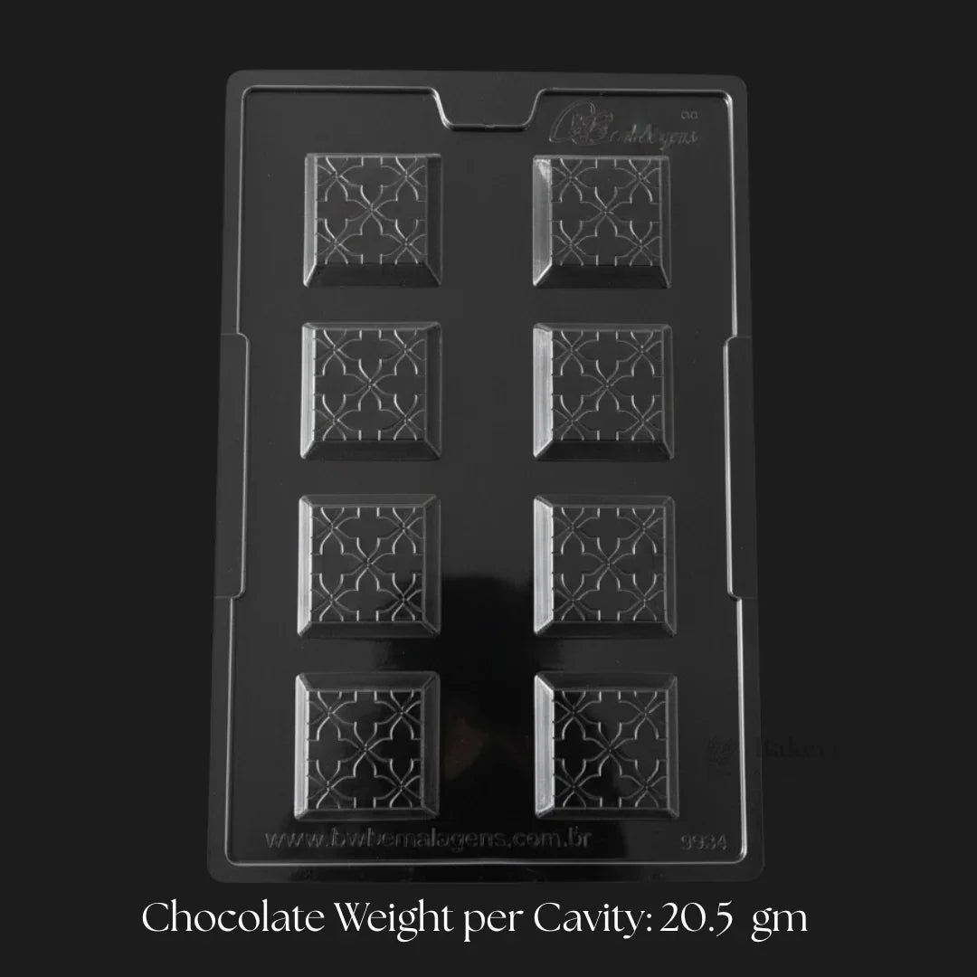 8-cavity Dubai Kunafa mini bite chocolate mould tray from Bakeyy.com with geometric design