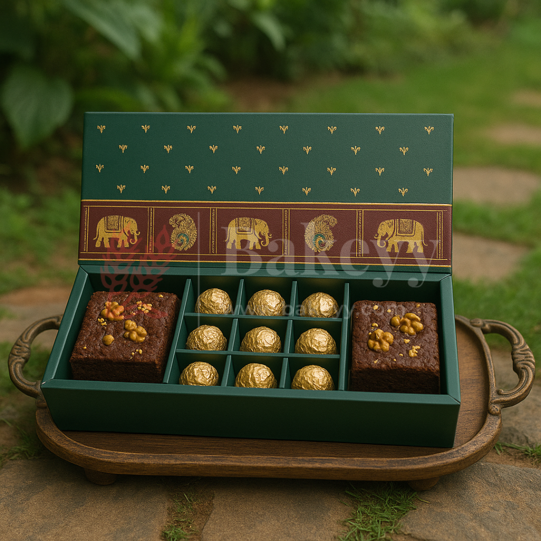 Royal Elephant and Peacock print 2 Brownie and 9 cavity Hamper Box| 1 Piece
