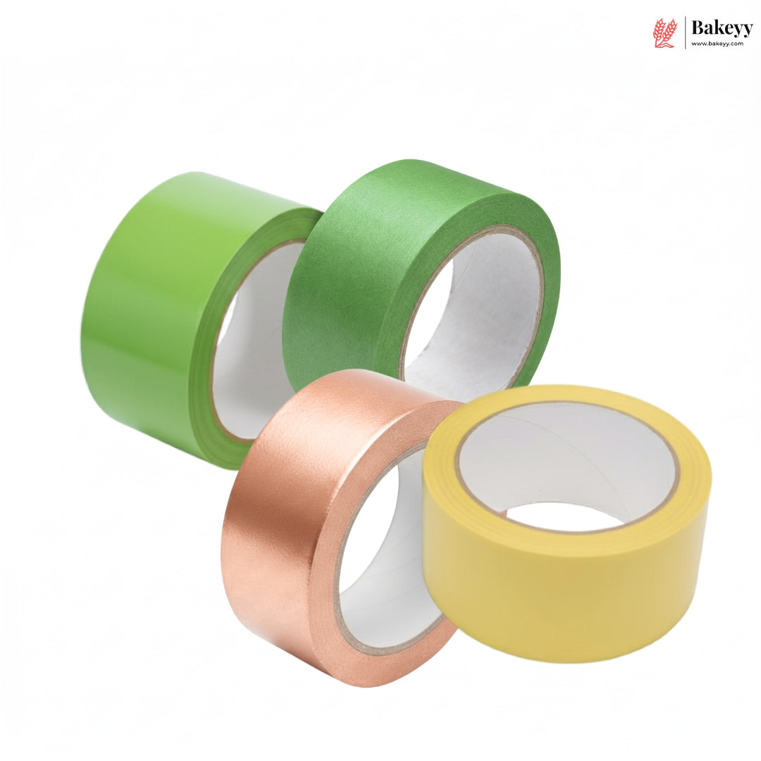 Three rolls of tape in green, rose gold, and yellow on a white background with 'Bakeyy' branding.
