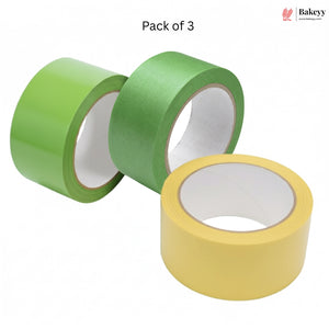 Three rolls of tape, two green and one yellow, on a white background with 'Bakeyy' branding.