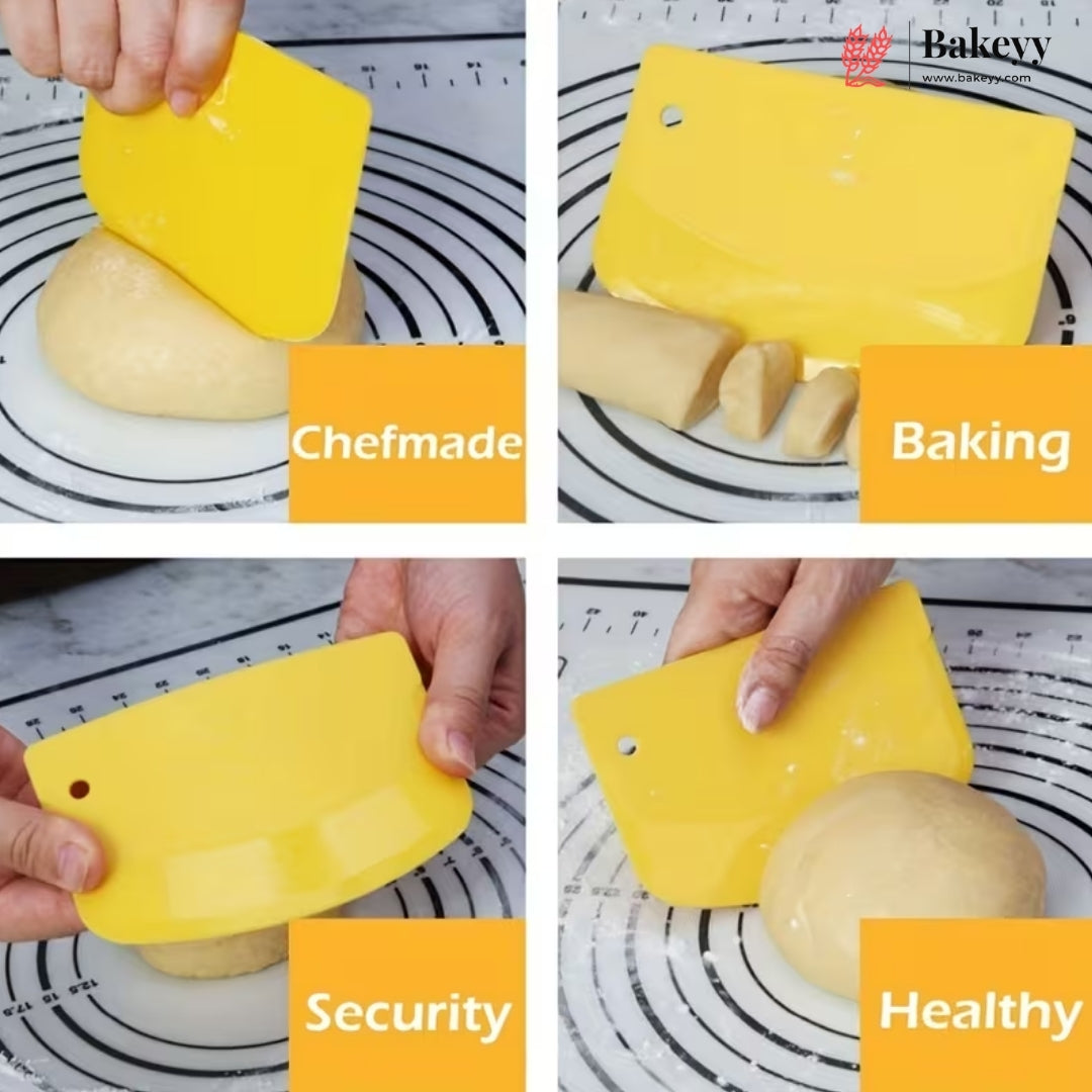 A four-panel collage showing a bright yellow plastic dough scraper being used on dough over a black-and-white measuring mat. Hands are visible in some panels, and text labels read 'Chefmade', 'Baking', 'Security', and 'Healthy'.
