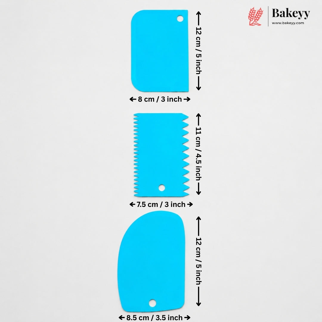 Three bright blue baking tool silhouettes with dimension arrows and labels on a light gray background, plus a Bakeyy logo in the top right.