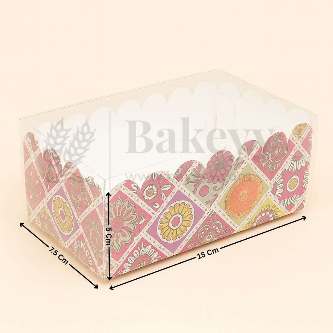 Decorative baking tray with floral pattern and 'Bakeyy' text, shown with dimensions on a beige background.