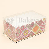 Decorative baking tray with floral pattern and 'Bakeyy' text, shown with dimensions on a beige background.