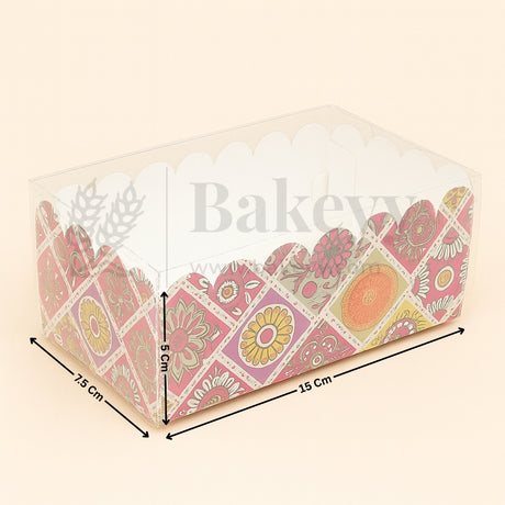 Decorative baking tray with floral pattern and 'Bakeyy' text, shown with dimensions on a beige background.