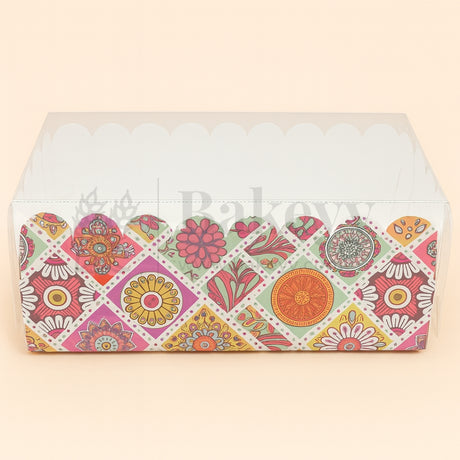 Rectangular box with a colorful floral pattern on a beige background