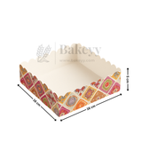 Decorative cake board with colorful border and measurements, branded 'Bakevy'.