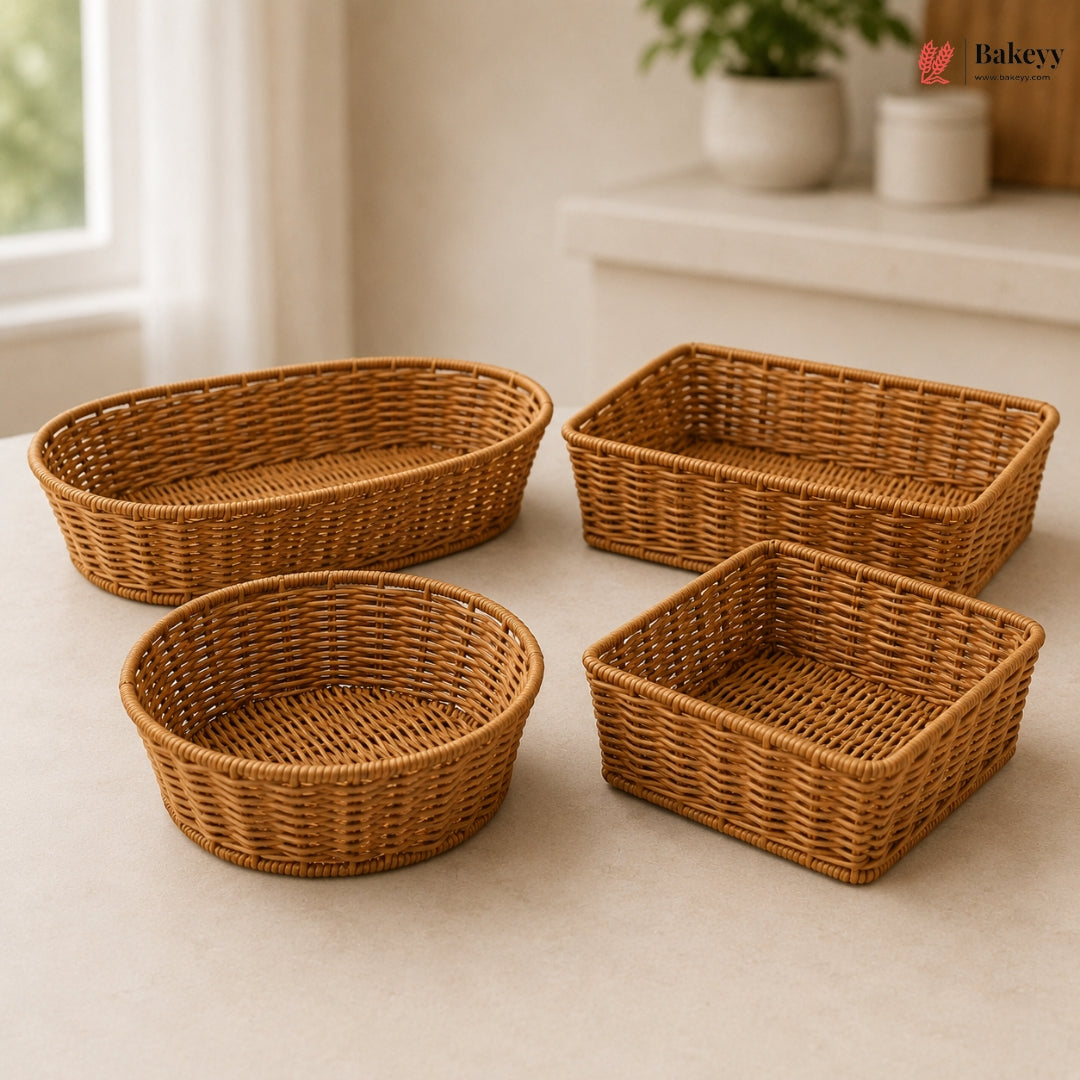 Set of wicker baskets on a light surface with a neutral background