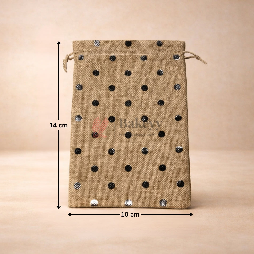 Natural Jute With Silver Dots Premium Colour Jute Potli Bags | Pack Of 10 - Bakeyy.com - India - Natural Jute With Silver Dots Premium Colour Jute Potli Bags | Pack Of 10 - 10x14 Cm