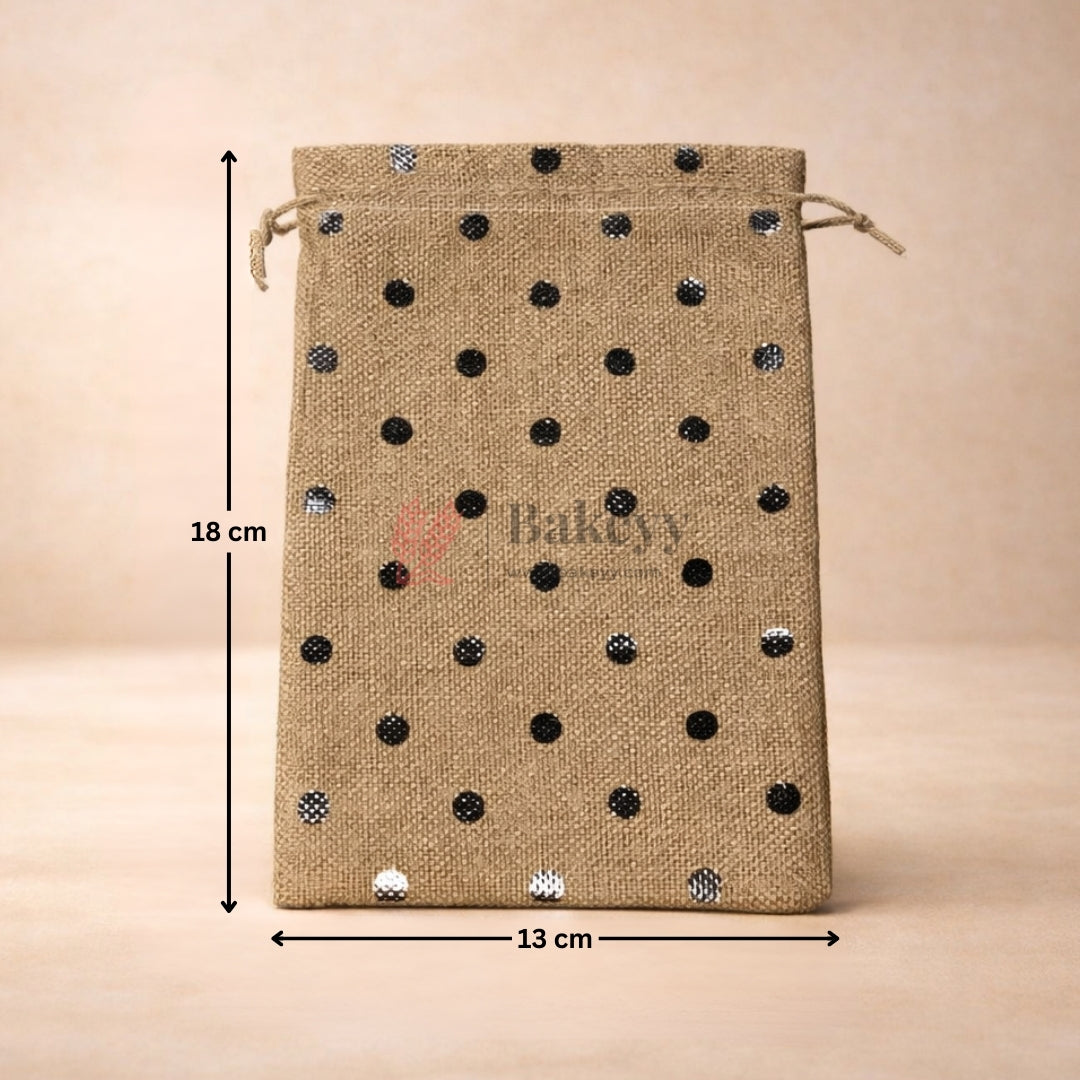 Natural Jute With Silver Dots Premium Colour Jute Potli Bags | Pack Of 10 - Bakeyy.com - India - Natural Jute With Silver Dots Premium Colour Jute Potli Bags | Pack Of 10 - 10x14 Cm