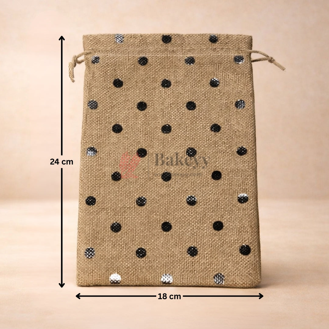 Natural Jute With Silver Dots Premium Colour Jute Potli Bags | Pack Of 10 - Bakeyy.com - India - Natural Jute With Silver Dots Premium Colour Jute Potli Bags | Pack Of 10 - 10x14 Cm