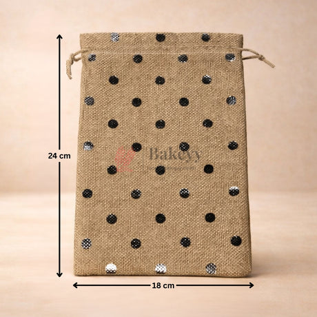 Natural Jute With Silver Dots Premium Colour Jute Potli Bags | Pack Of 10 - Bakeyy.com - India - Natural Jute With Silver Dots Premium Colour Jute Potli Bags | Pack Of 10 - 10x14 Cm