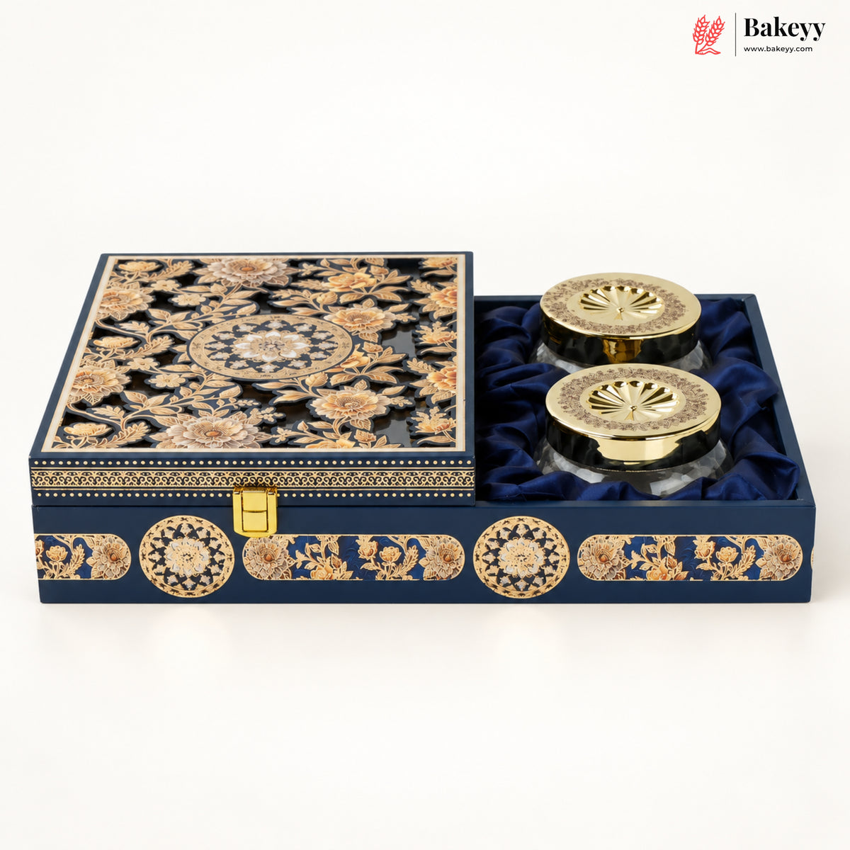 Navy Blue MDF Hamper Box with 2 Glass Jars & 12-Cavity Tray | Pack of 1