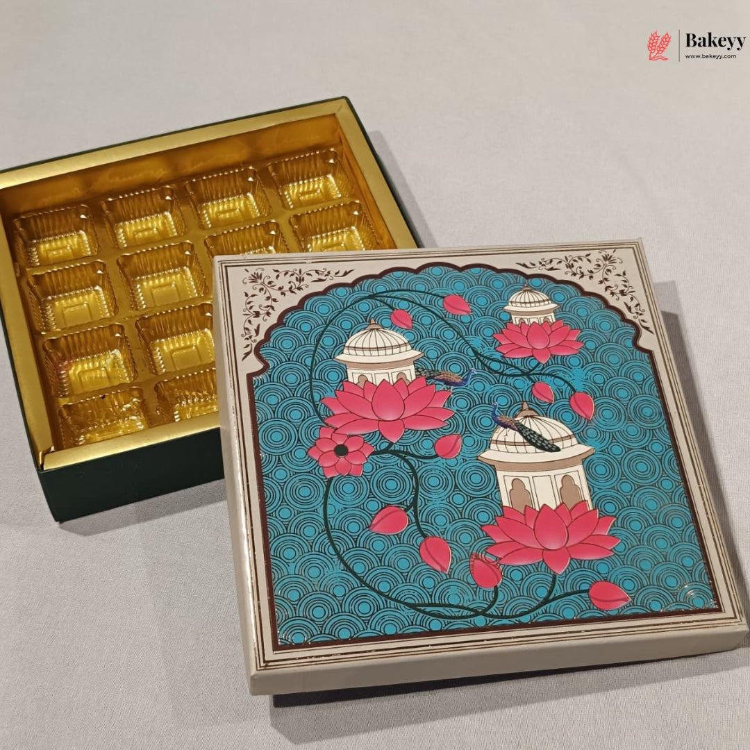 Teal Lotus & Dome Printed Sweet & Chocolate Gift Box | With & Without Cavity | Multiple Capacities